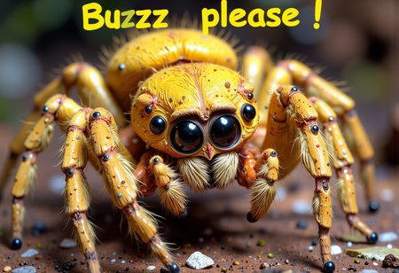 cute fluffy spider, text that says "Buzz please!" <lora:03ad2c7f-95b7-4865-a182-5d836919cabe.TA_trained:0.5> <lora:aidmaPsychadelicChaosWorld-FLUX-v0.1:0.7><lora:FluxMythV2:1.0>
