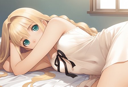 hortensia,score_9,score_8_up,score_7_up,source_anime,best_quality,masterpiece,super_fine_illustration,8k,1girl,solo,adorable_girl,looking_at_viewer,blonde_hair,ud_v_b_pse, lying, on side, leg up, flexible,(very_long_hair:1.3),white_long_sundress,