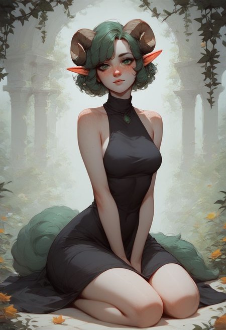 score_9, score_8_up, score_7_up, score_6_up, score_9, score_8_up, score_7_up, score_6_up, 1girl, sexy 1girl, solo, expressive, e-girl, dynamic, dark green hair, short hair, ornamental hair,  green eyes, pale skin girl, pale skin, freckles, turtleneck, bare shoulders, blush, elf ear, looking_longingly, sheep horn, circled horn, big boobs, seductive, sexy_woman, full body, dress black, black dress, goth,  full body,  green fox tail,