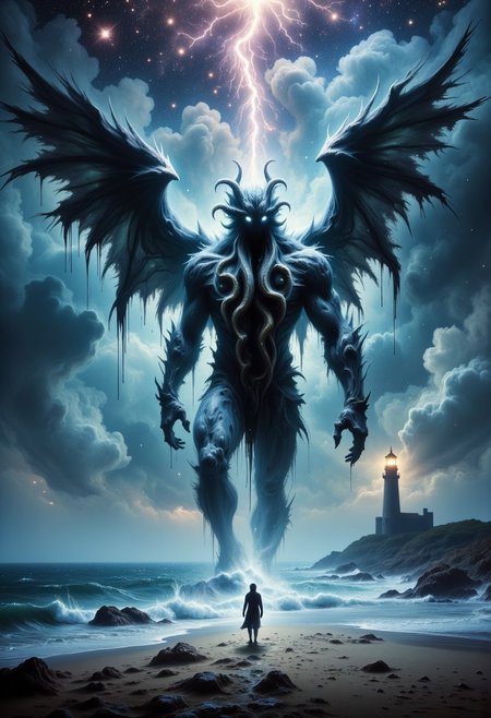 A colossal figure with a kraken head with a large tentacle beard and dark wings strides ominously through a stormy ocean night. A tiny sailor stands frozen on the beach, illuminated by a lighthouse's yellow beam. Lightning splits the sky, revealing a galaxy of stars and a sense of impending terror.