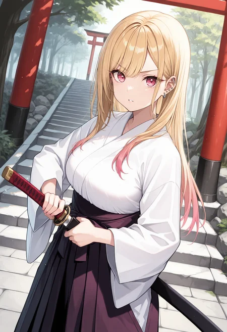 masterpiece, best quality, 1girl, solo, ktgw, long hair, swept bangs, multicolored hair, colored tips, blonde hair, large breasts, ear piercing, (samurai:1.2), japanese clothes, hakama, outdoors, stairs, stone stairs, tree, battoujutsu stance, ready to draw, fighting stance, unsheathing, sheath, holding sheath, cowboy shot, pink eyes, hakama skirt, torii, looking at viewer, v-shaped eyebrows, serious, parted lips