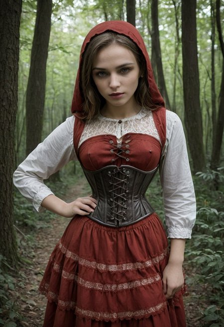 epiCRealism, (masterpiece:1.3), highes quality, High quality photo, Little Red Riding Hood weary in the woods, whita blouse rimmed with lace and underbust corset, dark, chiaroscuro, low-key, RAW photo, subsurface scattering, heavy shadow, (high quality:1.4), (intricate, high detail:1.2), professional photography, realistic, ultra realistic, photorealistic, high resolution, film photography, ambient lighting, atmospheric effects, highly detailed and hyper realistic photo of analog film photo of detailed sharp image