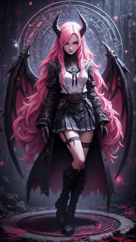 a professional photo shot of a breathtakingly beautiful caucasian woman, 25 yo, long pink hair with a herringbone braid, large demon wings, ((no demon horns)), (japanese school girl uniform), pale skin, diamond shaped face, She has a glamour and slender body with narrow hips, magical circles  as background, magical lights, light particles, dungeon, <lora:Dever_Flux_Enhancer:0.47>  <lora:breast-size4:-1.65> <lora:Hand v2:1> Perfect hand <lora:pose_dev_f1:0.75> <lora:sameface2:-0.2> <lora:Anime v1.3:1.2> anime style <lora:Neon_Cyberpunk_Papercut_1_FLUX:1> mad-pprct1
