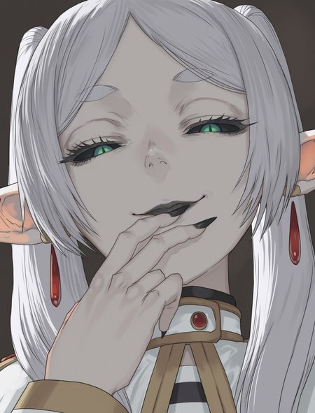1girl, solo, facing viewer, portrait, upper body, 
frieren, black sclera, half-closed eyes, slit pupils, green eyes, smirk, closed mouth, staring, looking down, looking at viewer, hand on own lips, long fingers, sharp fingernails, black nails, black lips, from below, 
masterpiece, best quality, amazing quality, very aesthetic, 
(lips, nose:1.2),
(by sawarakajin:1.25),