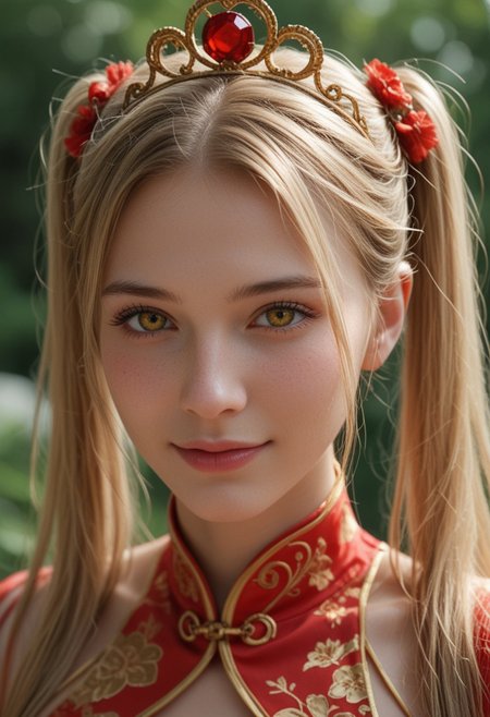 score_9_up, score_8_up, score_7_up, score_6_up, 1girl, 25 years old, perfect face, (adult), sexy, 
detailed face, portrait, face focus, depth of field, looking at viewer, blush, shy smile, close up, 
yellow eyes, 
blonde hair, very long hair, twintails, tiara, 
jewelry, 
red chinese clothes, revealing clothes, 
outdoors,