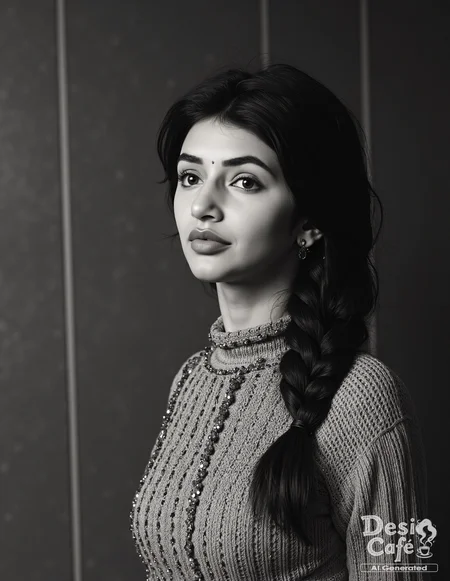 vintage still from black and white noir film photo of Sreeleela woman, hyper realistic photo that is safe for work, expression of wonderment with wide eyes, studio quality image, well dressed wearing intricate long sleevedturtleneck sweater, hair styled as french plait,muted shaded wallpaper background that contrasts with the person, cinematic lighting,âââââ <lora:Sreeleela_Flux_Kohya_V1-000005:1>âââ