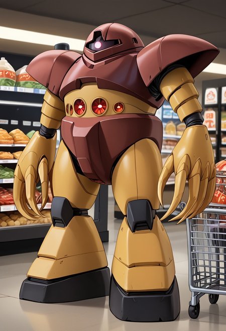 score_9, score_8_up, score_7_up, source_anime, front view, BREAK,  ( gogg, pink monoeye, from side, looking at viewer, long claws) 1mech, shoulders, shoulder armor, mech focus, solo, BREAK, two arms, in grocery store, grabbing food, pushing shopping cart,