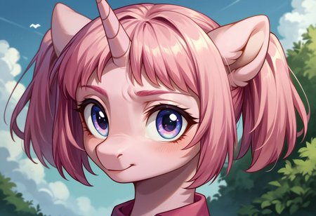 score_9, score_8_up, score_7_up, (source_pony, unicorn), 
kiramekimamika, short twintails, solo, pink body