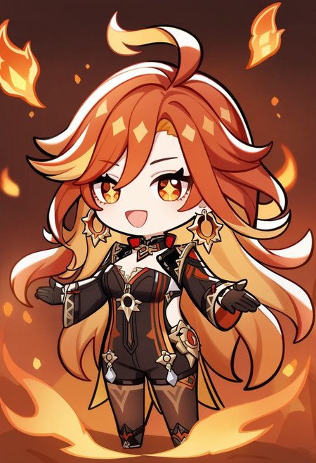 <lora:mavuika_(genshin_impact)_a3:0.6>,cleavage, open_hands, chibi, solo, open_mouth, fire, :d, 1girl, mavuika_(genshin_impact), earrings, jacket, long_sleeves, black_gloves, upper_body