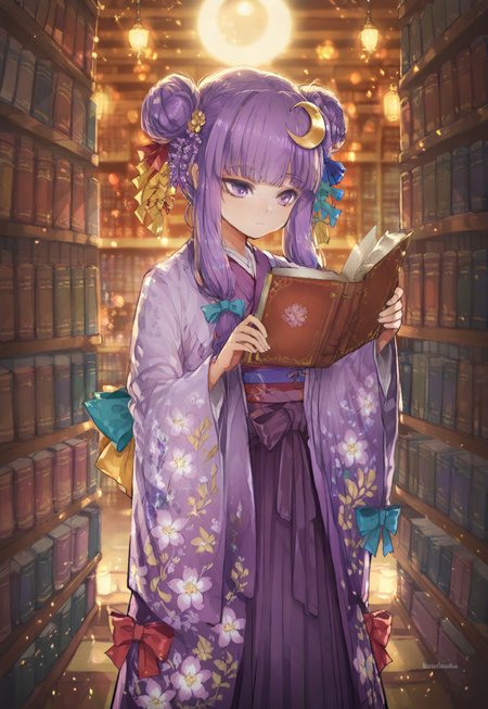 volumetric lighting, ambient occlusion, luminescent background, masterpiece, very awa,library,indoors, a girl reading, beam of light, light through window,depth of field 
BREAK
 patchouli knowledge, 1girl, solo, purple eyes, purple hair, long hair, sidelocks,, patchouli knowledge \(great library at the hieda residence\), alternate costume, no headwear, hair bun, double bun, hair ornament, blue bow, yellow bow, red bow, aqua bow, crescent hair ornament, purple kimono, floral print, long sleeves, wide sleeves, yellow obiage, purple obi, hakama skirt,holding book,