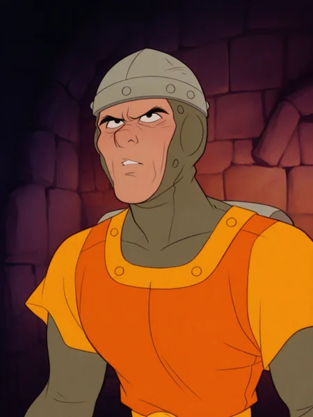 dirkthedaring, upper_body, black_eyes, orange tabard, helmet, retro_artstyle, 1boy solo male, male_focus, dungeon rocks, source_cartoon, flat_colors  <lora:Dirk_the_Daring__Dragons_Lair__Illustrious-000020:0.8>, masterpiece, best quality, amazing quality