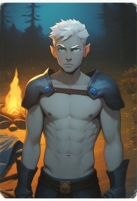 score_9, score_8_up, score_8, score_7_up, male, standing, 25 years old, mischievous, handsome, flirty, dominant, narrow mouth, (half_elf:0.5), dark elf, (((grey skin))), (((short white hair))), short cut sides, ((white eyebrows)), grey ears, pointed_ears:0.5, (pointed human ears), split eyebrow, eyebrow scar on left side of face, ((detailed turquoise eyes)), 1boy, solo, sexy, athletic, abs:0.5, (shirtless, chest strap), shoulder armor, gauntlets, (sword-over-shoulder, weapon over shoulder, crossguard hilt), vox machina style, solo, at night, warlock, fantasy, forest background, (dynamic lighting:1.1), campfire
((masterpiece)),