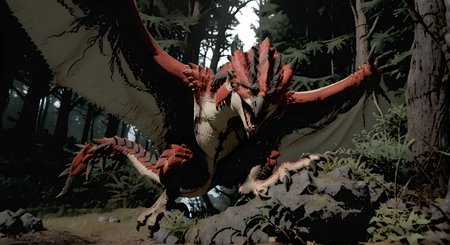 zPDXL,((wings folded in front)),((((claws in focus)))),((dive bombing prey:1)),((talons facing viewer:1.2)),(((dark forest setting))),((feet facing viewer)),((huge talons)),((talons out)),solo dragon,armless dragon,(wyvern with talons outstretched to grab viewer:1.1),dragon wings stretched,((forest)),DarkSpheraStyle,dark studio,rim lighting,two tone lighting,dimly lit,low key,rathalos,best quality,good quality,<lora:Rathalos-XL-000004>,(genital slit:1.3),Rathalos,red scales,<lora:ryth-dcr34sed-c0l0ring:0.9>,dcr34sed_c0l0ring,monochrome,black theme,wings,dragon,scalie,western dragon,wyvern,feral,hands-free,male feral,membrane \(anatomy\),membranous wings,tail,
