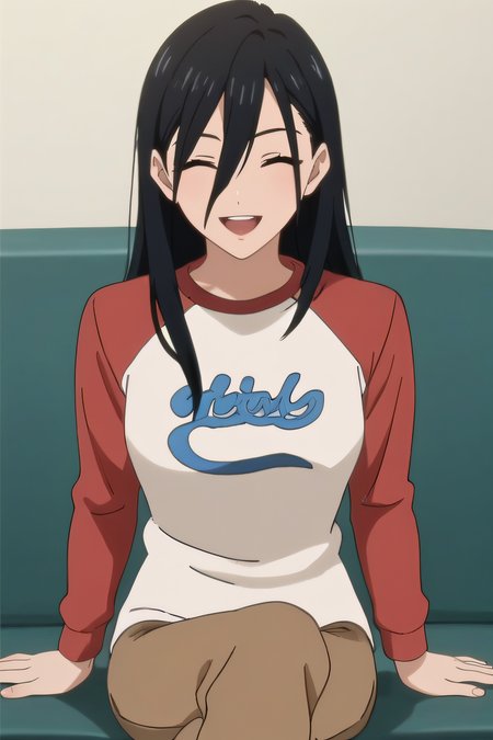score_9, score_8_up, score_7_up, source_anime, rating_safe, intricate details, anime screencap, official style, 1girl, <lora:Minami_Maho:1>, minamimaho, black hair, hair between eyes, bangs over eye, closed eyes, long hair, raglan sleeves, shirt, brown pants, looking at viewer, smile, indoor, five fingers, crossed legs, white socks, laughing, upper teeth, sitting on couch, arms at sides