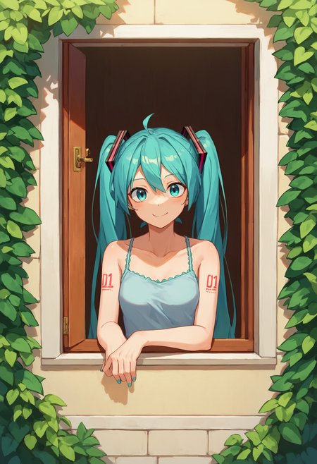 score_9_up score_8_up score_7_up, source_anime, 1girl, smile, from outside window, looking at viewer, hatsune miku, 
<lora:from_outside_window_24re_pony_2_d4:1>