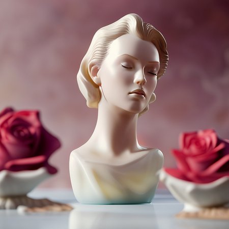 perfume glass bottle advertisement,white marble statue, art by FloralMarble, cgi_animation, water roses hyperflow, cinemahelper photohelper, sunny day, smoke,  volumetric lighting, odysseysd2, motion blur, depth of field