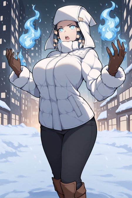 masterpiece, best quality, 1girl, solo, <lora:ffarrow-illu-nvwls-v1-000006:1> arr0w, dark blue hair, gold hair tubes, white headwear, blue eyes, glowing eyes, large breasts, white jacket, winter jacket, black pants, hands up, blue flame, flame, snow, cold, blizzard, city, open mouth, blue fire, swirls of blue fire, brown boots