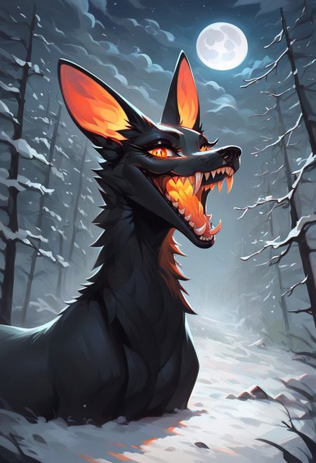 score_9, score_8_up, score_7_up, (best quality:1.1), source_furry, ultra-detailed, high resolution, feral fox, female, pred, scary, ((long sharp teeth)), ((focus teeth)), sharp claws Thick lips, predatory smirk, Black lipstick, black fur, fiery eyes, Long eyelashes, Beautiful eyes, Fox tail, Looking At Viewer, expressiveh, horror style, outside, night, moon in the sky, snowy forest, winter, Extreme Detailed Background, shine on body, high detail, The quality of ai art is frightening