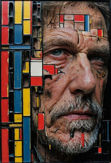 aaron horkey, in the background, a painting of "Three Studies of mondrian" by Francis Bacon in behance hd, cmyk portrait, multi colored, defiant and beautiful, cmyk, expressive eyes!! intricate, 🐎🍑, Dark Souls concept art, and ink, close up face of an old lonely man. sadness, stunning color scheme, high use of black ink, masterpiece maximalist. intricately detailed, complex, elegant, expansive, fantastical, film photography style,  medium grain, FRESHIDESH Moebius comic book