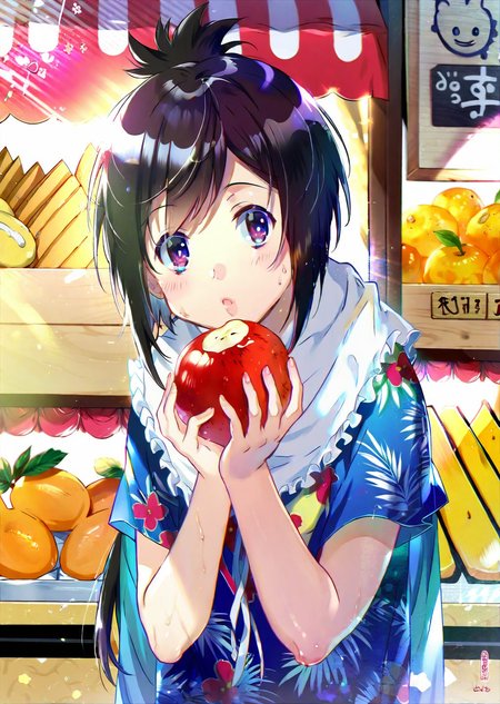 (by   ekita kuro)
1girl in a lively marketplace. She explores colorful stalls filled with exotic fruits, her eyes wide with curiosity. A gentle breeze ruffles her hair as she samples a piece of fruit, her expression a mix of delight and wonder
 best quality, masterpiece,