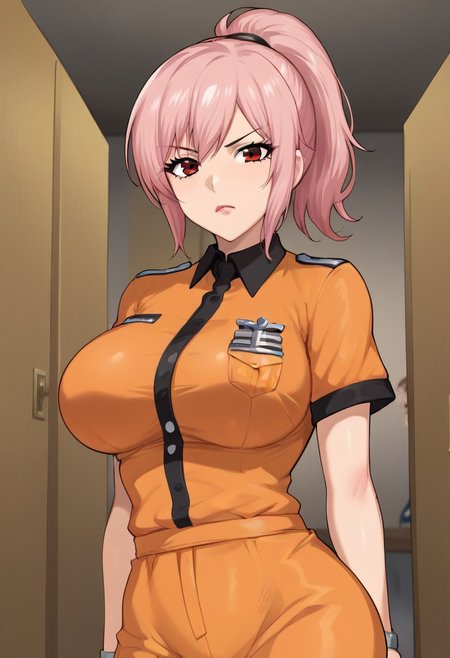 Masterpiece, High quality, anime style, solo, 1girl, Oc, adult, tall, Prisoner woman, black and white stripe prison outfit, short Dark pink ponytail hair, red eyes, serious face expression, big breasts, prison cell background,