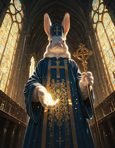 embedding:IllusP0s
,anthropomorphic rabbit priest, rabbit head, white fur,holding scepter, blue robes,cassock, mitre,tears, crying, facing viewer,standing
,sunny, godrays, church indoors, stained glass window, glowing hand, raised hand,big rabbit ears, golden glow
,from below, wide shot, depth of field, realism, no humans, animal focus, light particles
