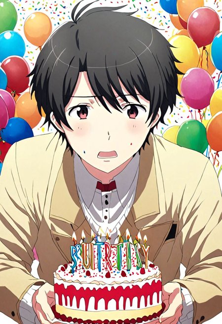 high resolution, solo, best quality, 1Boy, Inaho Kaizuka, Black Hair, surprisde, birthday surprise, OverallDetail