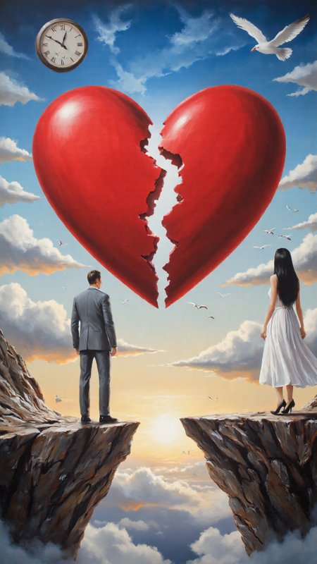 painting depicting a surreal, dream-like scene set against a sky transitioning from dawn to daybreak. The central focus is a large, vibrant red heart split in two, symbolizing a broken heart, situated on a rocky, elevated platform. The platform is surrounded by fluffy, white clouds, giving it a floating, ethereal appearance. 
On the left side of the heart, a man in a light grey suit and black shoes stands facing away from the heart, his back turned. On the right side, a woman in a flowing white dress and black high heels faces the heart, her long black hair flowing behind her. Both figures are positioned on opposite sides of the heart, separated by a jagged, rocky path that leads down to the clouds below.The background is a stunning, gradient sky, transitioning from deep blue to soft orange and yellow hues as the sun rises. Birds are scattered throughout the scene, adding a sense of movement and life. To the left, a large, old-fashioned clock with Roman numerals is visible, its hands frozen at around 10:10. To the right, a white bird with outstretched wings soars through the sky, adding to the ethereal atmosphere. ,aidmaimageupgrader, aidmaMJ6.1 <lora:aidmaMJ6.1-FLUX-v0.5:0.7> <lora:aidmaImageUprader-FLUX-v0.3:0.4>