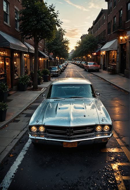 A nostalgically crafted relic of the past, a meticulously restored deep silver pearlescent classic 60's muscle car cruises through the dusk streets with an intimidating elegance. The vintage vehicle gleams with a lustrous sheen, showcasing its aerodynamic lines and sharp accents as it cruises along the asphalt. This evocative scene is captured in a vividly detailed oil painting, where every brushstroke highlights the car's classic styling and pristine condition. Impeccably rendered, this image transports viewers to a bygone era of automotive luxury and style.
OverallDetailXL <lora:SDXLFaeTastic2400:0.4> <lora:DetailMaximizer:0.55> detailmaximizer  <lora:SecretLab:0.8> secretlab