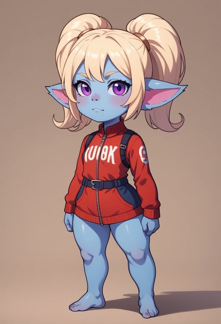 score_9, score_8_up, score_7_up, full height, Portrait,EasyNegative, (1girl), (detailed),Poppy,yordle, shortstack, short girl,purple eyes, blonde hair, blue skin, colored skin,