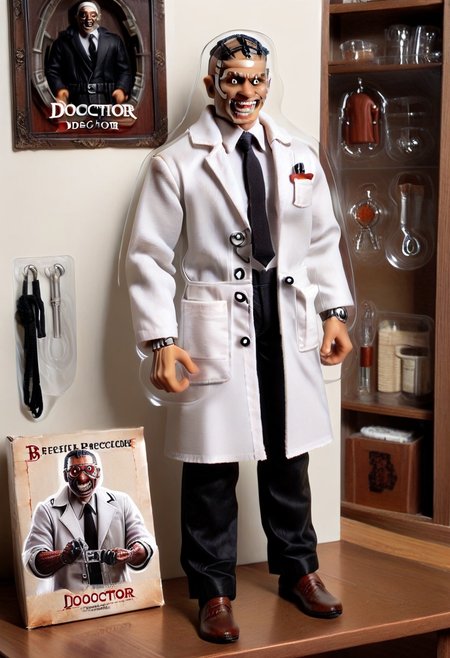 score_9, score_8_up, score_7_up, toy packaging, action figure, 1boy, dbd_doctor, teeth, white robe, black tie, black trousers, brown shoes,