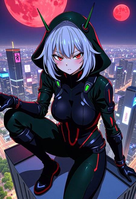 a futuristic female vigilante with short, flowing silver hair with long bangs. The character is in a low, crouched position, ready to spring into action, one hand touching the ground for balance atop a skyscraper with strong wind blowing in a bustling cyberpunk city. She is dressed in a black, armored carbon fiber suit with red, green and blue accents, featuring numerous straps and a hood with pointed tips. She wears black leather fingerless gloves, fake nails, nail polish.  Her glowing red eyes with slit pupils are visible through a sleek black mas. The background reveals a sprawling cityscape with neon lights, holographic advertisements, and towering buildings, with the crimson moon hanging low in the sky, casting an ominous glow over the scene.

motion lines effect, anime screencap,extremely detail background consist of detailed building, environment, vegetation, sky, with sharp and precise detail, lossless detail





 














