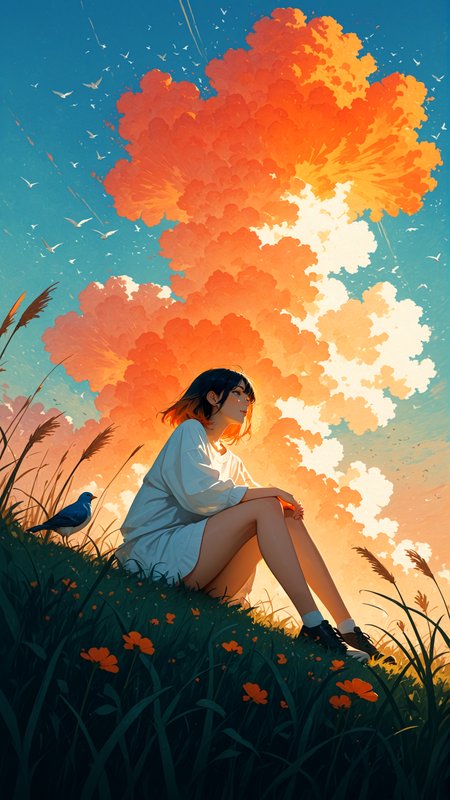 Scandinavian Style Palette, ( impressionism:1.7 ), realistic body,
1girl, sitting in grass, tall grass,  a hut, from below, birds, gradient orange cloud,