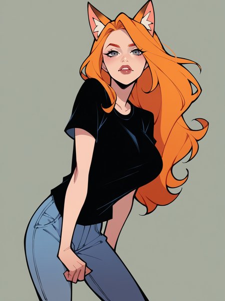 score_9, score_8_up, score_7_up, <lora:JBr4v0XLP:1> jbr4v0, 1girl, solo, long hair, ginger hair, grey eyes, fox ears, black t-shirt, large breasts,