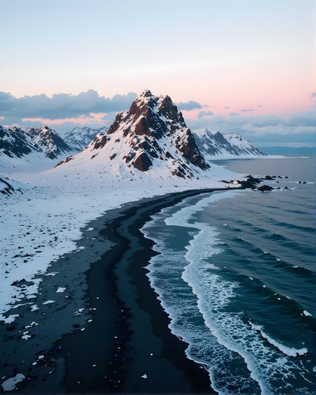 A breathtaking aerial view of a rugged, snow-covered mountain range that meets the ocean. The central peak is particularly striking, with its jagged, rocky face partially blanketed in snow. The surrounding landscape features a mix of icy terrain and dark volcanic sand beaches, creating a stark contrast between the white snow and the deep blue water. The ocean waves gently lap against the shore, leaving intricate patterns on the wet sand. The sky above is painted with soft hues of pink and orange, suggesting either sunrise or sunset, which adds a serene and almost ethereal quality to the scene. The overall composition is both dramatic and tranquil, showcasing the raw beauty of this remote and pristine environment.
j_art, anime, anime art, <lora:FLUX\jul\J_Anime:0.8>, <lora:FLUX\RealAnime:0.8>