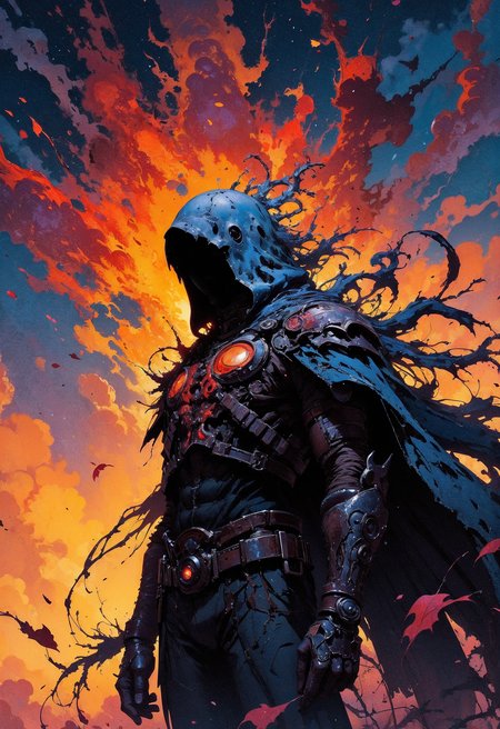 (in Otomo Katsuhiro style:1.2), masterpiece, high-quality, A figure with a cloak made of autumn leaves, as the wind sweeps past the cloak transforms into a swirling storm of leaves, their colors blending with the twilight sky, Style is Impressionistic realism with dynamic leaf textures, high detail in movement, warm, surreal ambience, (elaborate fine details:1.1), (hyperdetailed:1.1), (intricate details:1.0), (Refined details:1.1), (best quality:1.1), (high resolution:1.2)