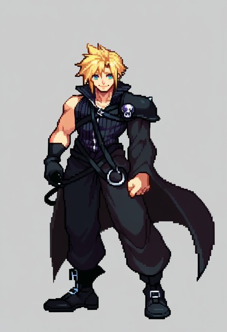 score_9, score_7_up, BREAK, solo, 1boy, smile, looking at viewer,  <lora:CPS2-pdxl_Fp:1>, simple background, full body, pixel art,  <lora:cloudstrife-pdxl-nvwls-v1:1>, acCloud, blonde hair, single earring, high collar, black shirt, single shoulder pad, harness, single sleeve, black gloves, black pants