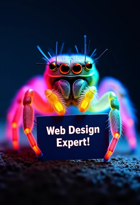 A photo of a rainbow colored glowing jumping spider holding a sign that reads "Web Design Expert!", backlit, translucent, glow hyper realistic, natural soft rim light, cinematic lighting, award winning photography, dramatic photography