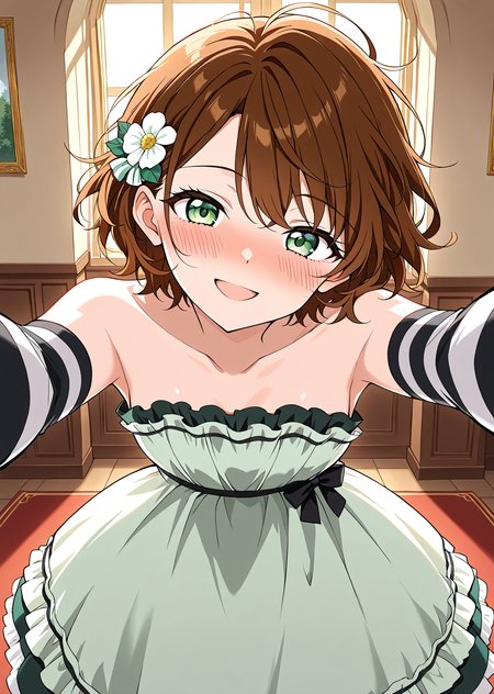 <lora:Caria_Rede__The_Beginning_After_the_End___Illustrious:1>
1 girl, solo, short hair, messy hair, wavy brown hair, green eyes, athletic body, 
flower hair accessory, elegant mint green strapless dress with black and white layered accents, striped black and white detached sleeves
score_9, score_8_up, score_7_up, score_6_up, source_anime, rating_explicit, 1girl, solo, smile, embarrassed, alcalose eyes, open mouth, mansion, indoors, looking at viewer, outstretched arms, pov, close-up, (head tilt:1.2)