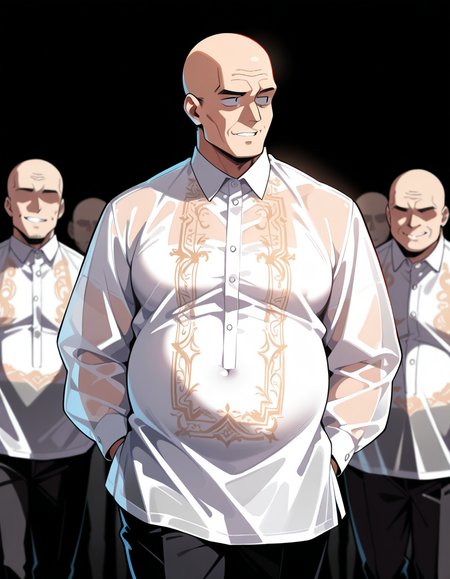 masterpiece, best quality, amazing quality,, <lora:faceless-ugly-man-illustriousxl-lora-nochekaiser:1>, faceless ugly man, faceless, ugly man, fat, faceless male, fat, bald, mature male,, <lora:barong-tagalog-illustriousxl-lora-nochekaiser:1>, barong tagalog, shirt, long sleeves, standing, white shirt, cowboy shot, parted lips, collared shirt, pants, black pants, hands in pockets, looking to the side, see-through shirt, , ,