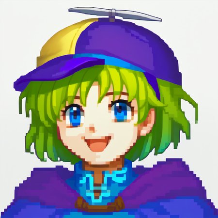 score_9, score_8_up, score_7_up, BREAK <lora:zs_FEGBAPortraitsXL:1.1> fegbaportraits, portrait, white background,  <lora:NSHappyCap:1> NSHappyCap, wearing NSHappyCap, cap,  <lora:nino-fe-richy-v1_pdxl:1> ninodef, blue eyes, green hair, short hair, purple hairband, blue shirt, purple cloak, happy