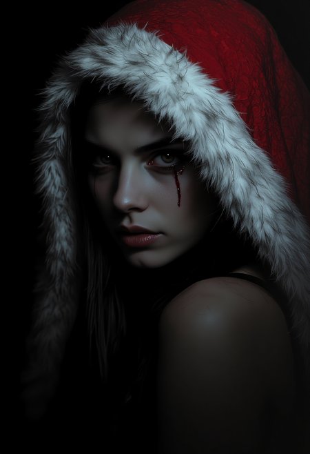 A woman dressed in a santa claus outfit in a dramatic, chiaroscuro-style close-up portrait, her expression is evil and mysterious, her eyes seeming to hold untold secrets. Deep shadows obscure her face. Her crimson hatâs fur trim is faintly visible against the darkness.