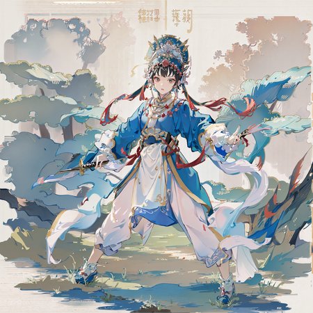 (8k, best quality, masterpiece:1.2),(best quality:1.0),ultra highres:1.0, 1girl, red huadan, extremely detailed, render, 4k, absurdres, HDR, dancing, fighting stance, holding sword, close-up,  <lora:ChineseOperaCostumes_v15:0.7>