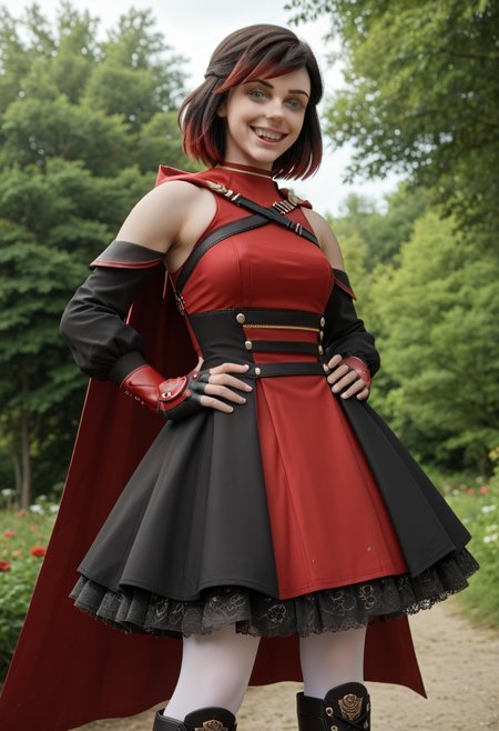score_9, score_8_up, score_7_up,, high res ima , source_photo, source_real, (realistic:1.4),
,
1girl, cowboy shot, solo, outdoors, smile, looking at viewer, <lora:Summer_Rose_-_IL:0.8> SummerRose_RWBY,  short hair, black hair,gradient hair, grey eyes, fingerless gloves, detached sleeves, bare shoulders,  red dress,pantyhose, red cape, boots, masterpiece, best quality, good quality, newest, 
hands hip, crazy pose, low angle, from back