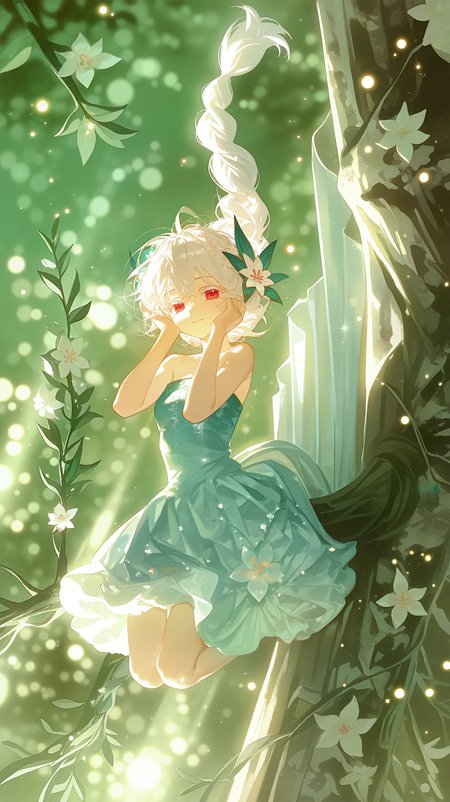 Bright_illu, (no lineart)1.2, WLC, 1girl, strapless dress, emerald green dress, hair flower, long braid, white hair, colored eyelashes, looking at viewer, smile, head on hands, knees up,
upside-down, hanging, dangling from tree branch, outdoors, depth of field, light rays, bokeh, wide shot, sparkle,too many light particles, dynamic angle, HDR,
masterpiece, best quality, absurdres, very aesthetic, very awa,