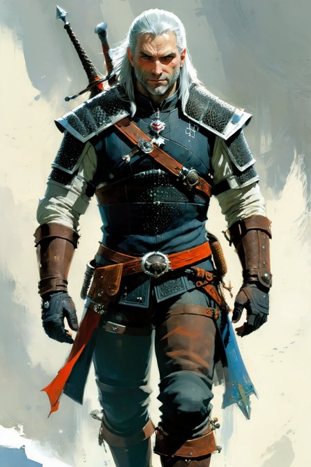 the witcher, by Jason Chan, fullbody, neutralbackground of stylised panels <lora:xl_more_art-full_v1:1> <lora:John Berkey Style:1> John Berkey Style page, (masterpiece:1.2), best quality