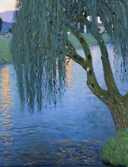 a painting of a willow tree overhanging a river at dusk, fish in the river <lora:Gustav_Klimt_XL_kk:1> klimt