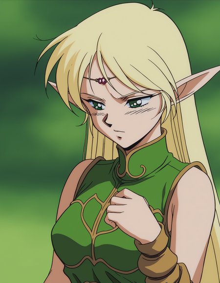 score_9, score_8_up, score_7_up, score_6_up, anime screencap, retro artstyle, 1990s \(style\), anime coloring, highly detailed, deedlit, blonde hair, very long hair, green eyes, elf, pointy ears, medium breasts, circlet, sleeveless, green dress, short dress, brown bracers, upper body, <lora:Deedlit (3):0.8>