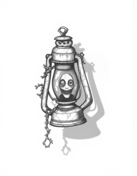 Halloween_Art_Style_Concept, A pencil drawing of an old, cracked lantern floating in the air. Inside, instead of a flame, a ghostly face peers out with wide, hollow eyes and an eerie, faint smile. Vines and cobwebs wrap around the handle, adding to its haunted, abandoned look. Shadows from the lantern cast long, creepy shapes around it.