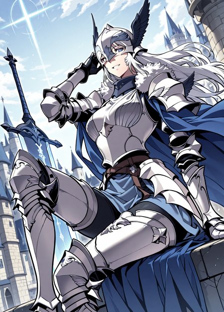 <lora:Artemis__The_Return_of_the_Disaster-Class_Hero__Illustrious:1>
1 girl, solo, blue eyes, long hair, white hair, breaid
knight, white armor, white breastplace, blue cape, white helmet, winged helhelmet, white gauntlets, fur trim, mask, shoulder armor, pauldrons, greaves, full armor, greatsword,  <lora:DetailedEyes_V3:1>
score_9, score_8_up, score_7_up, very aesthetic, source_anime, detailed, high quality, beautiful, masterpiece, detailed eyes, castle, village, blurry background, cityscape, pose dynamic angle, light smile, open mouth, hand on hair, sitting